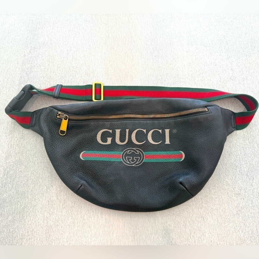 Gucci Large black leather logo interlock GG Web striped  belt bag crossbody